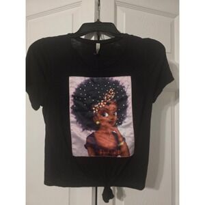 Pink Berry Graphic Tee Womens Medium Black Excellent Afro Pearl Rhinestone Tie